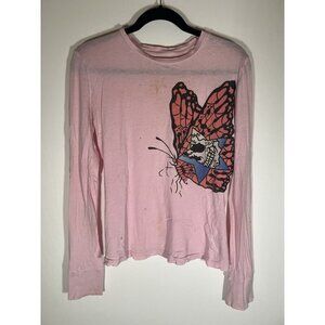 Vintage Y2K RARE Grail pink long slv tshirt butterfly graphic L retro coquette